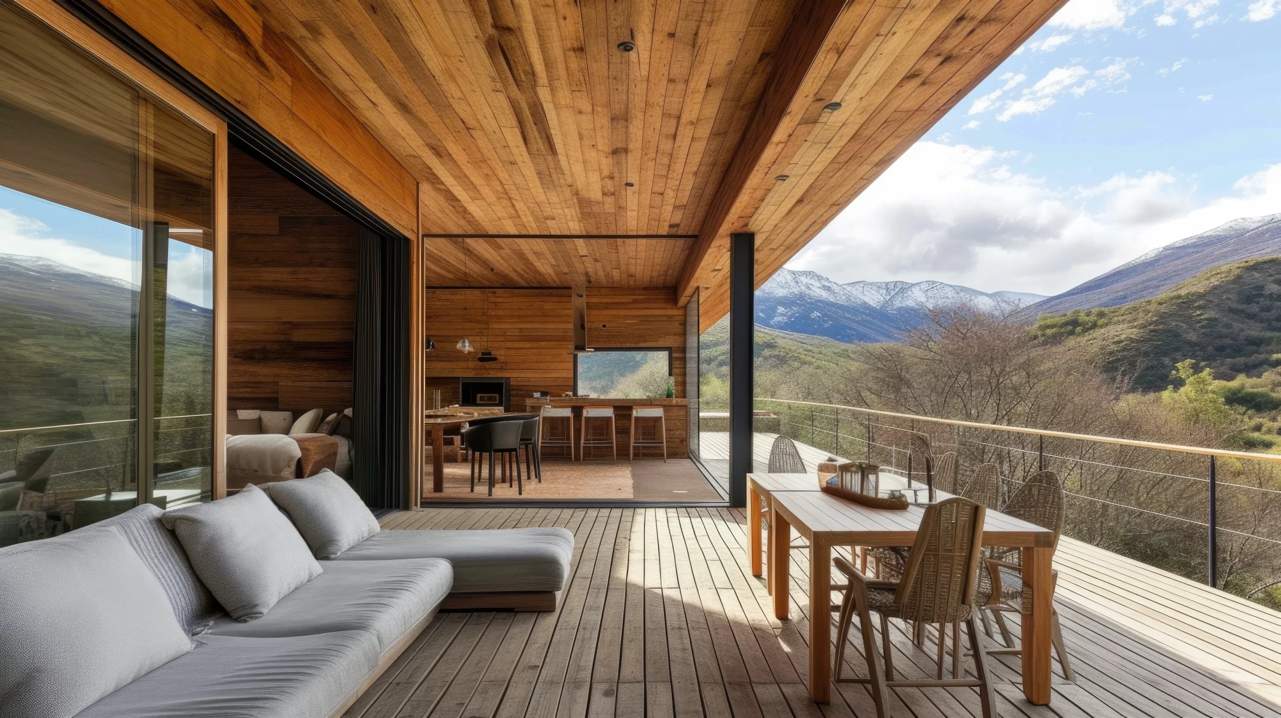 A spacious wooden patio with a gray sofa and dining table on timber Decks overlooking snowy mountains.