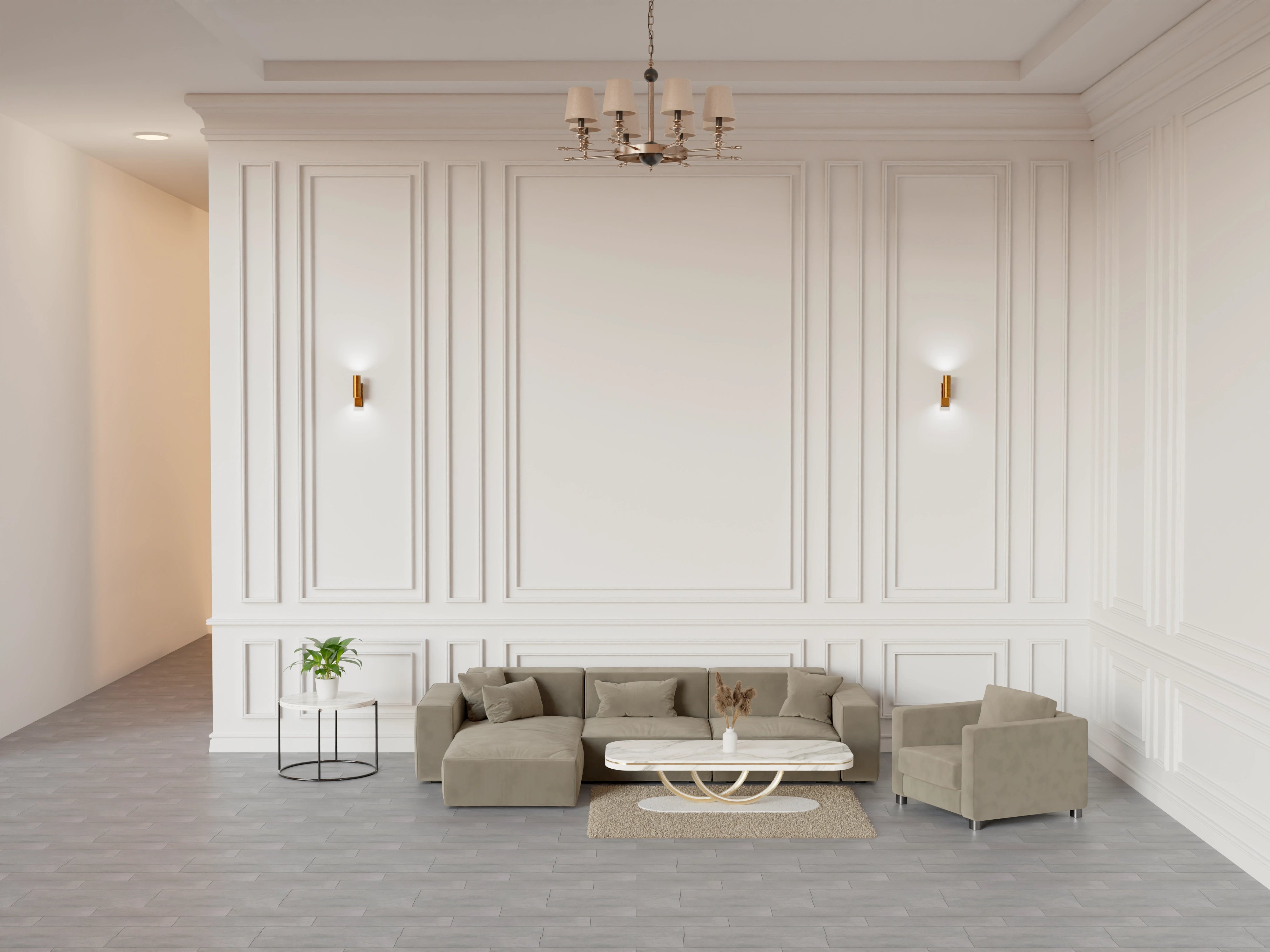 Large white wall with ornate Millwork panels behind a beige sofa and marble coffee table in a bright room.