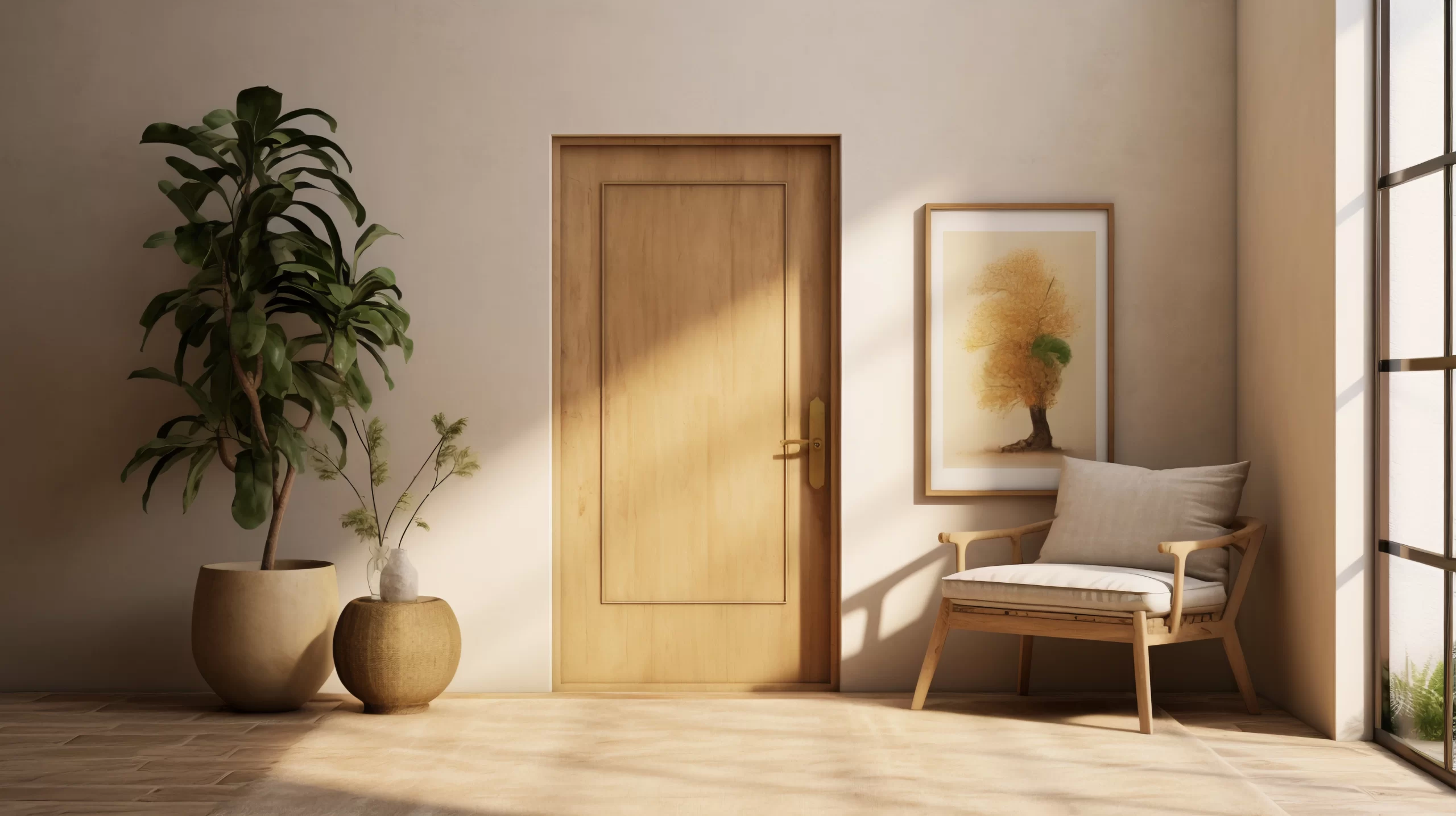 A light wood door centered in a minimalist room with a potted plant, wooden chair, and soft sunlight.