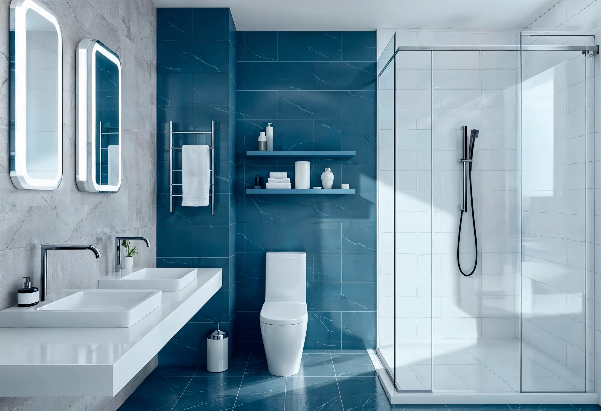Deep blue tiled bathroom with a white double vanity and clear Shower Glass Doors.