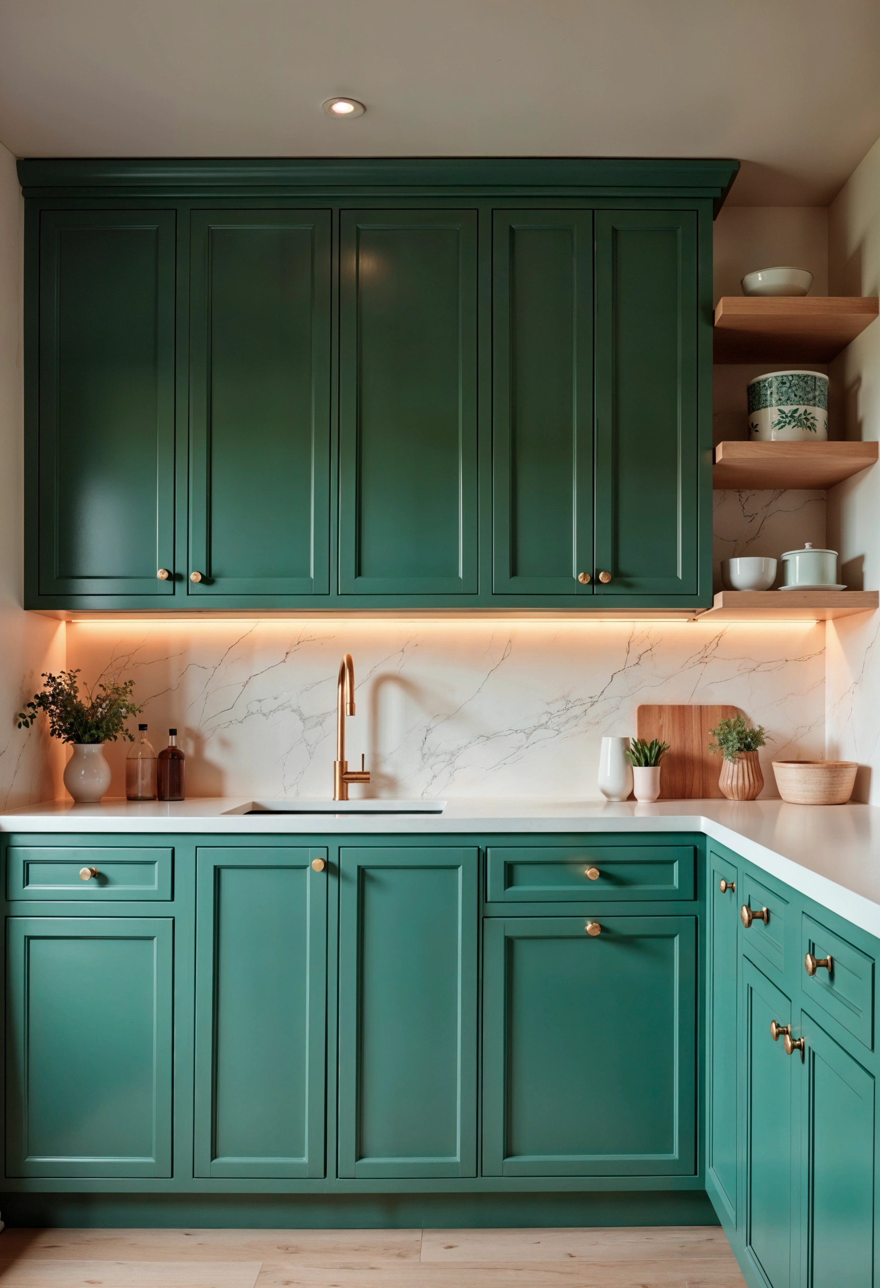 Vibrant green shaker-style Cabinets featuring elegant gold knobs and under-cabinet lighting in a modern kitchen.