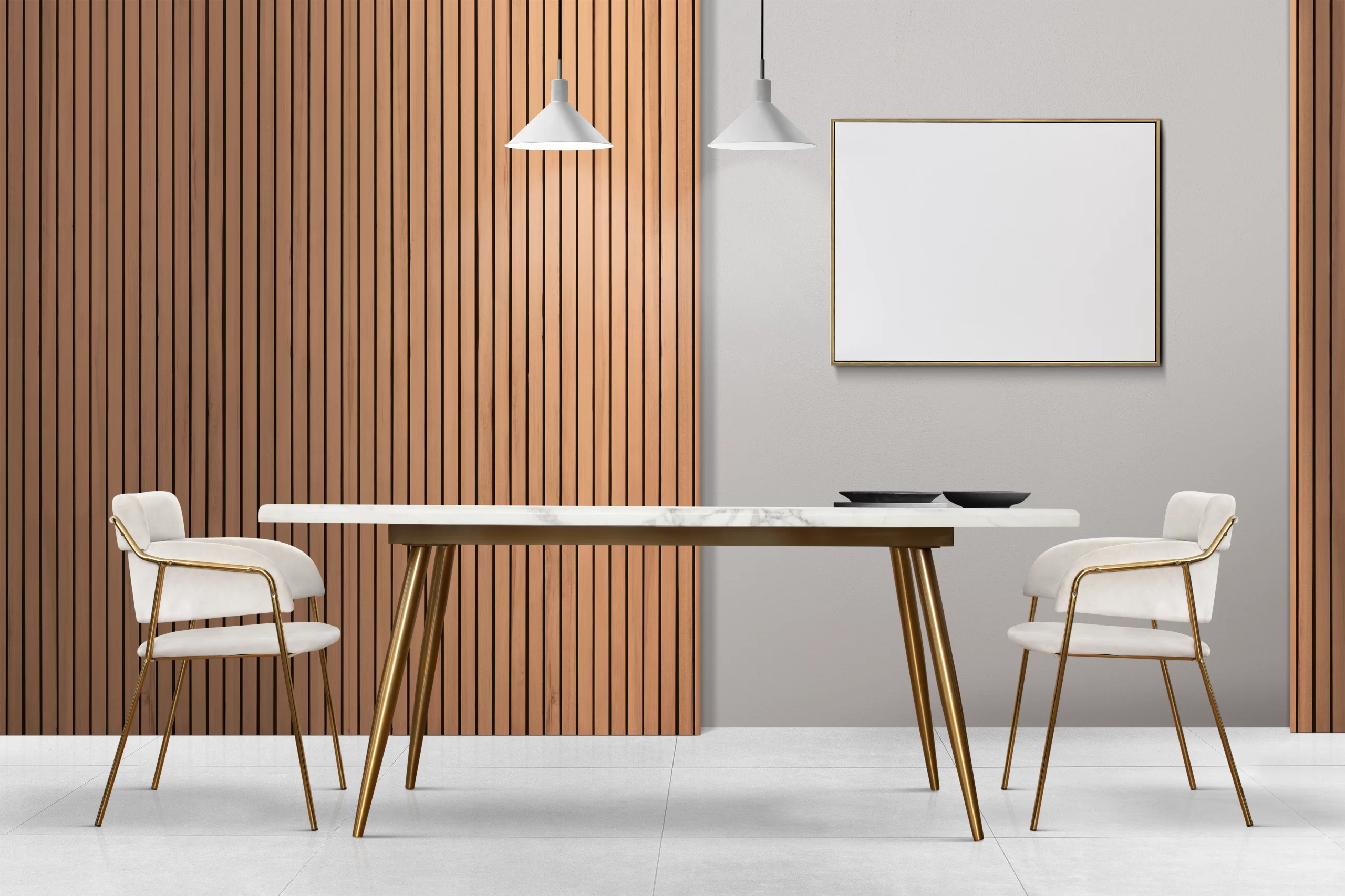 Vertical wood Millwork slats cover the left wall of a dining room with a marble table and white chairs.