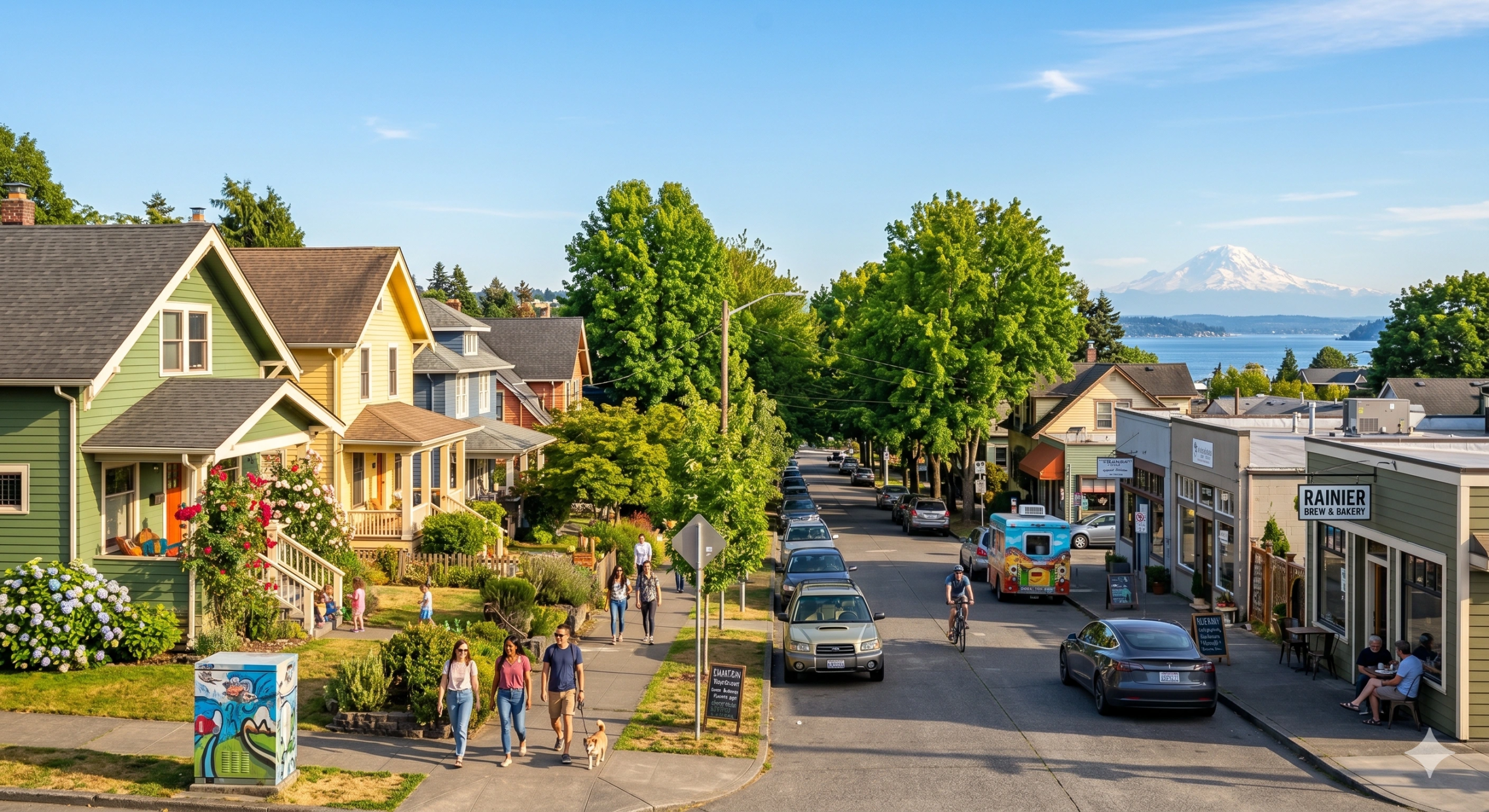 A sunny Seattle street with colorful craftsman houses renovated by a premier General Contractor Seattle WA.