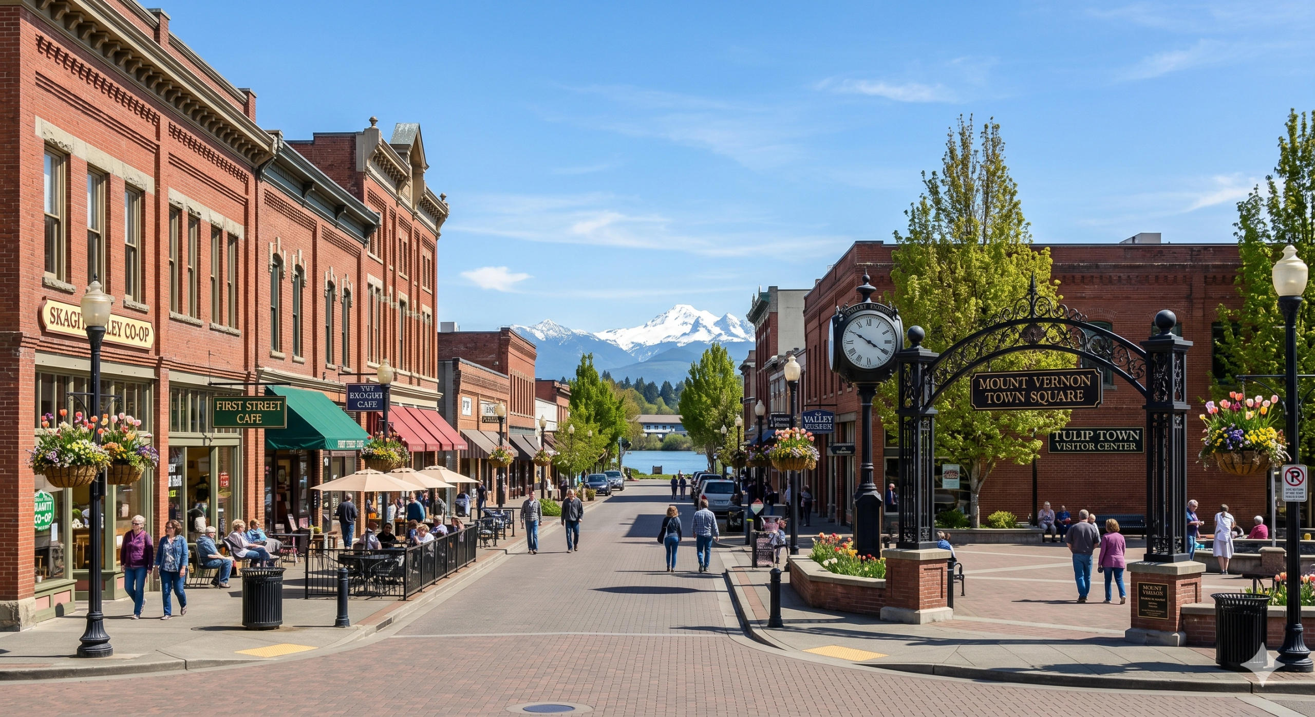 Sunny brick street with outdoor cafes and a town square archway, in an area served by a General Contractor Mount Vernon WA.