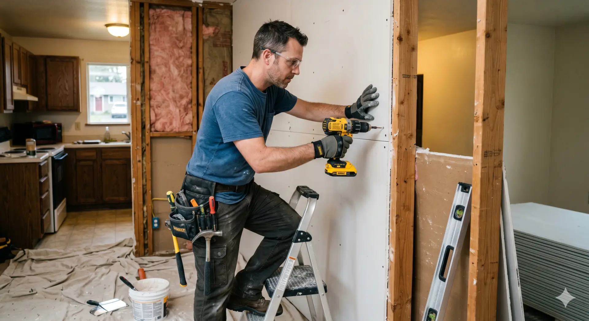 A carpenter installing drywall during a home renovation project managed by General Contractor Marysville WA.