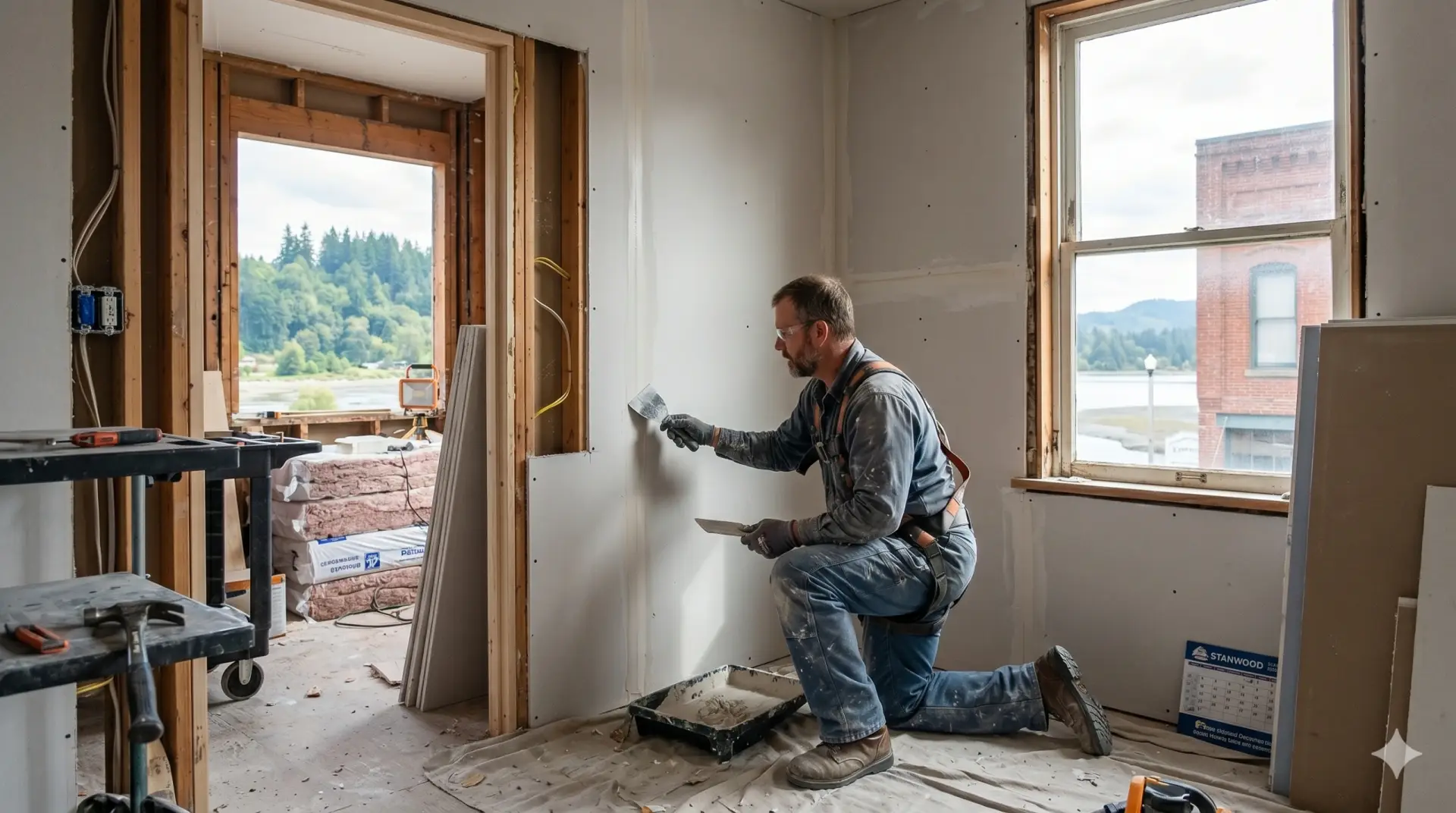 A worker applying joint compound to a drywall seam inside a room under renovation by General Contractor Stanwood WA.