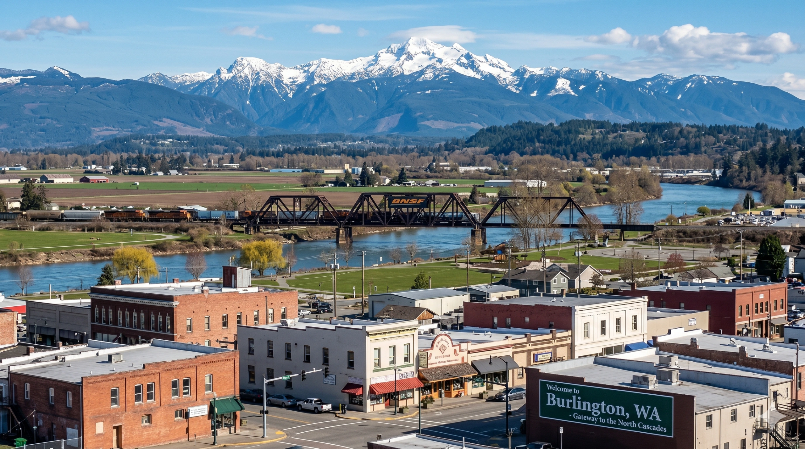 Scenic valley town with a welcome sign, a train bridge, and snowy mountains by a General Contractor Burlington WA.