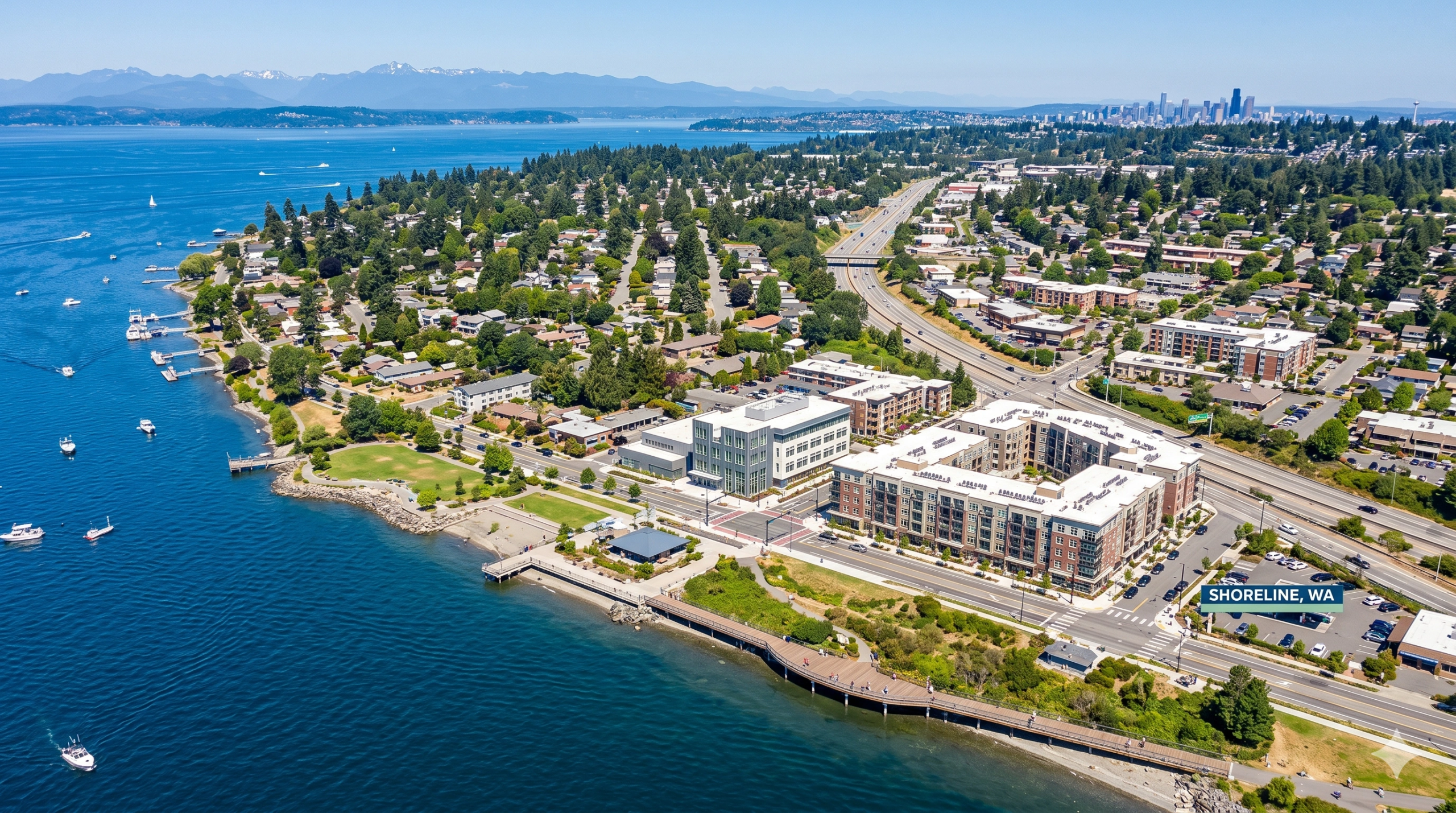 Coastal city skyline and modern waterfront buildings constructed by an expert General Contractor Shoreline WA.