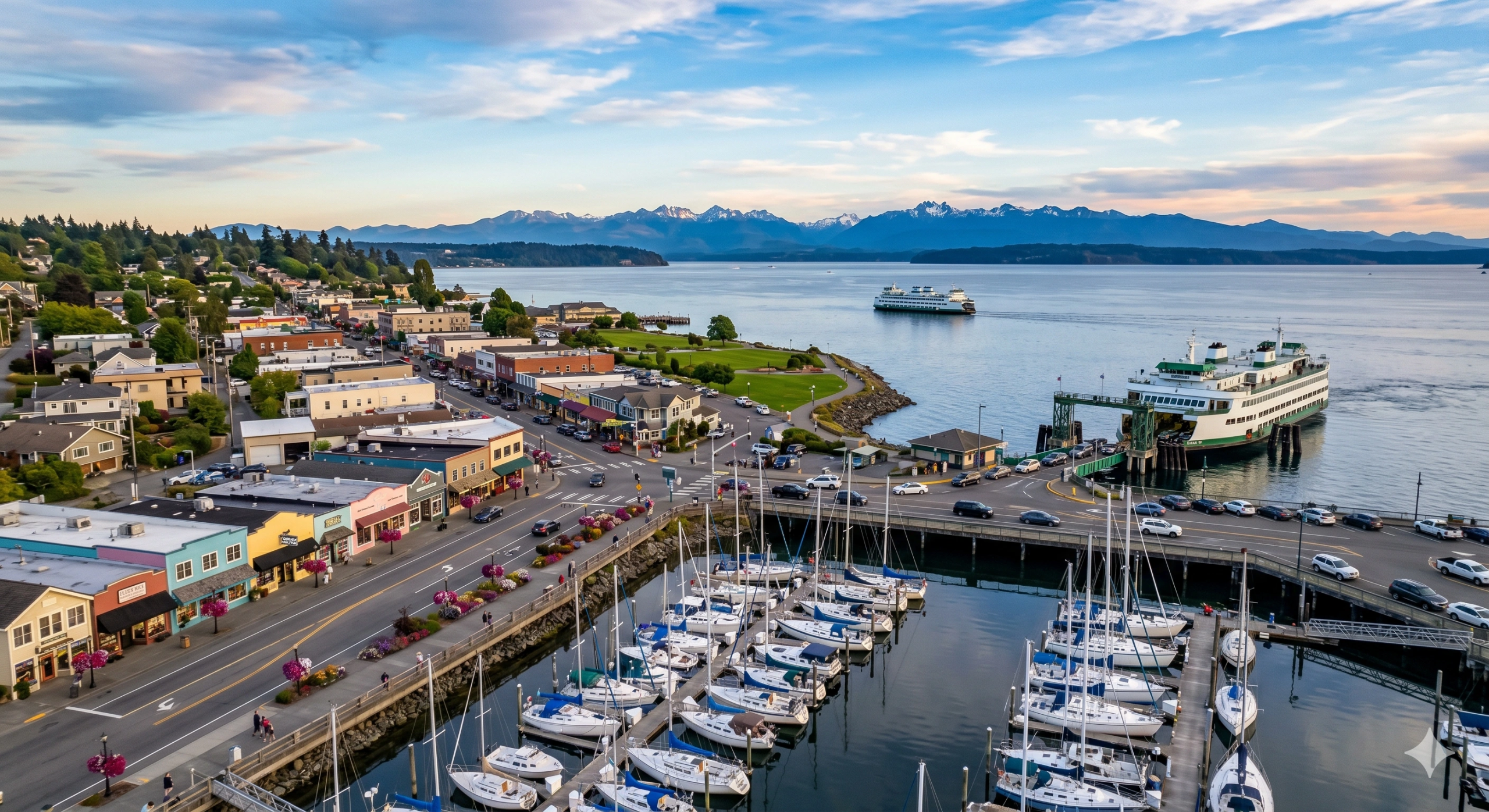 Marina and ferry dock in a coastal town where a local General Contractor Edmonds WA offers home building services.