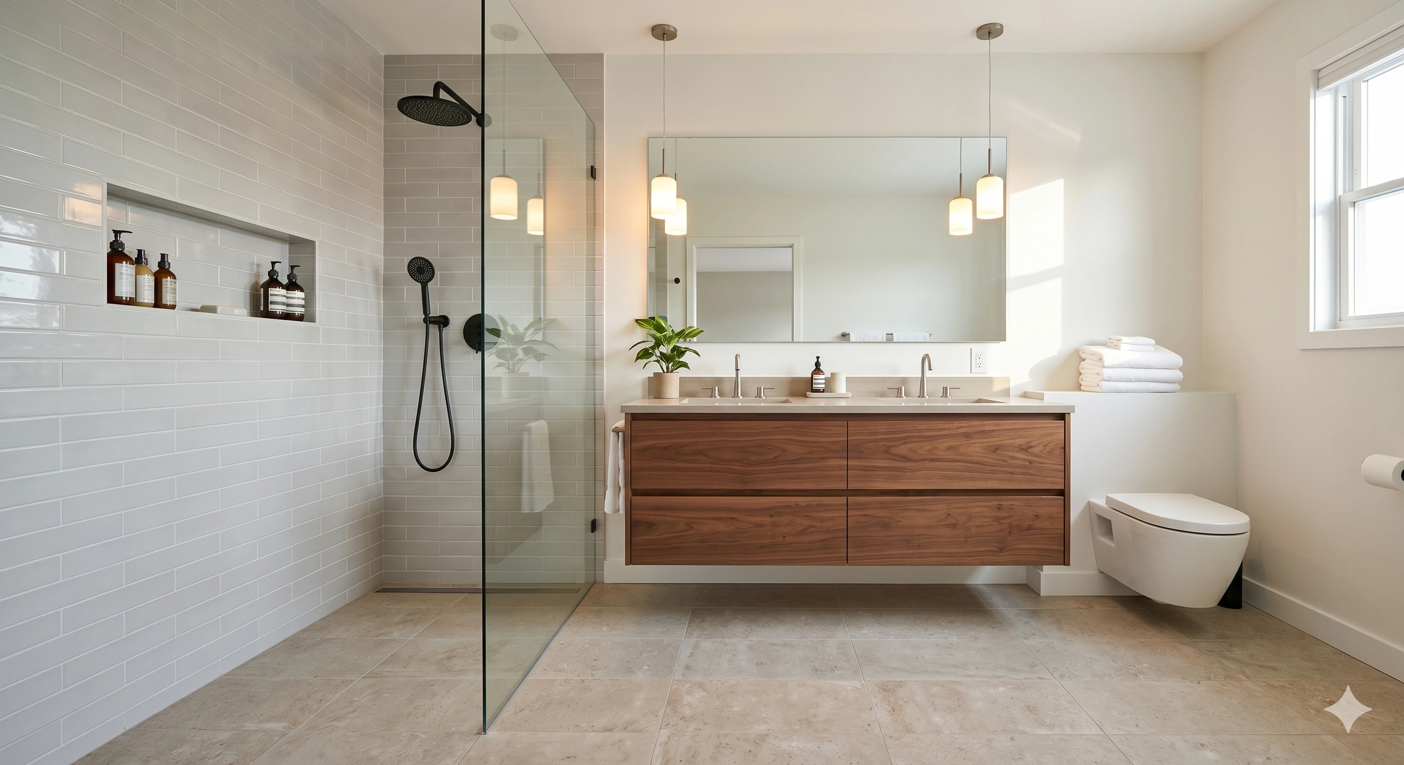 A glass walk-in shower and floating wood vanity highlight great modern bathroom ideas.
