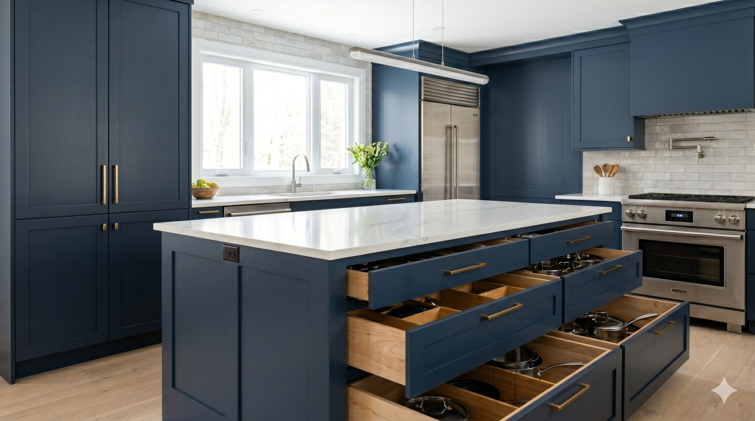 Open drawers on a navy blue island showing organized pots during a custom kitchen renovation.