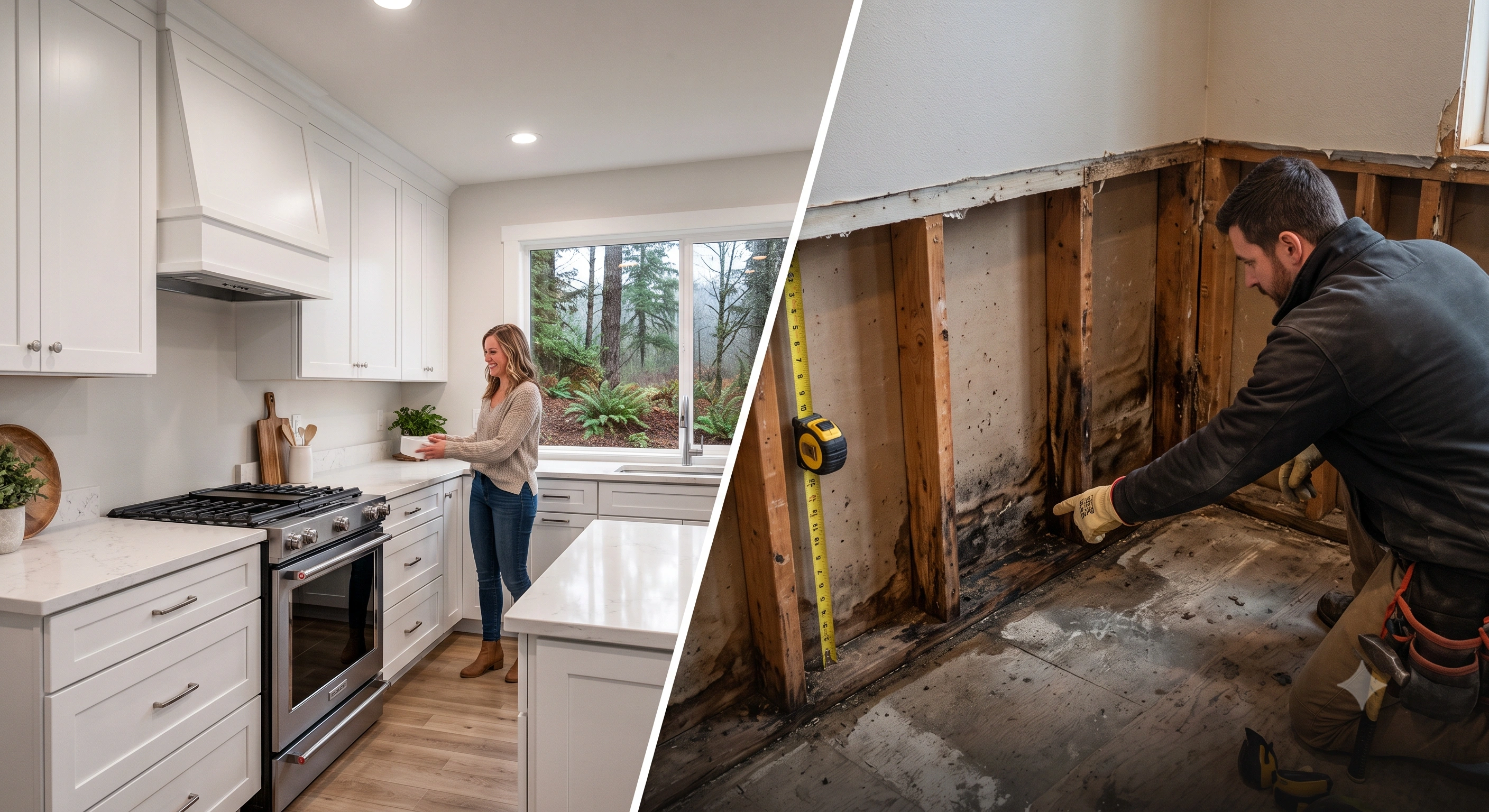 A split view of a finished white kitchen and a contractor pointing out hidden wall damage causing home remodeling scope creep.
