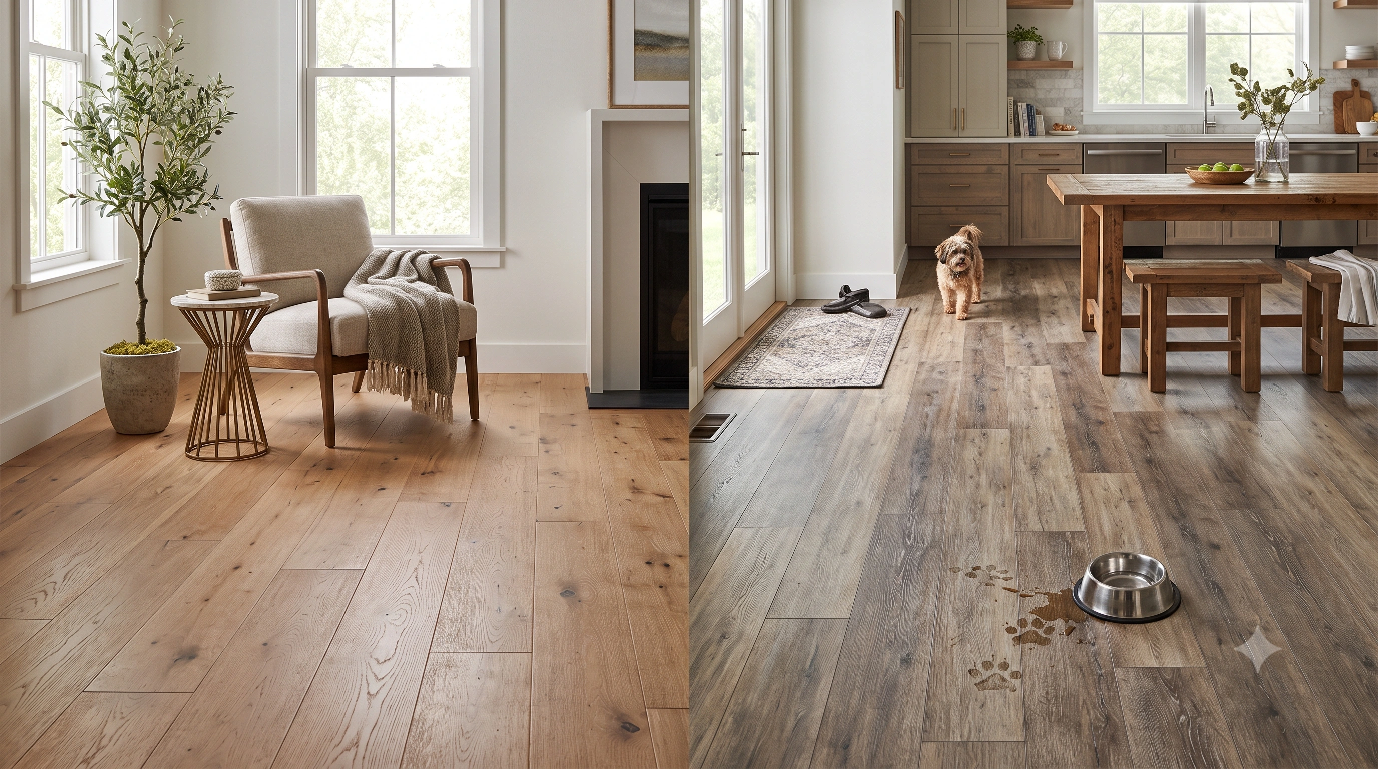 A side-by-side comparison highlighting the beauty of luxury vinyl plank vs hardwood flooring in modern homes.