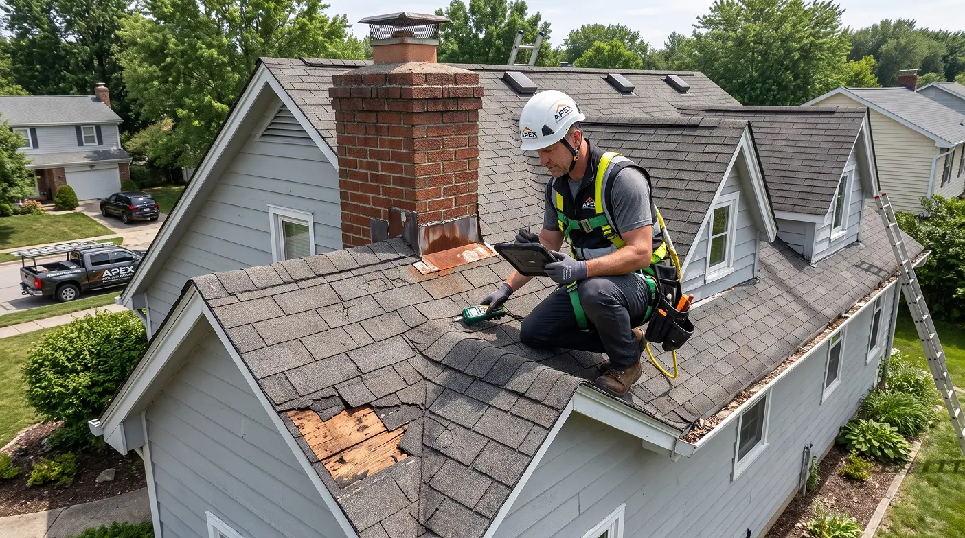 Roofing contractor in safety harness inspecting damaged shingles near a brick chimney.