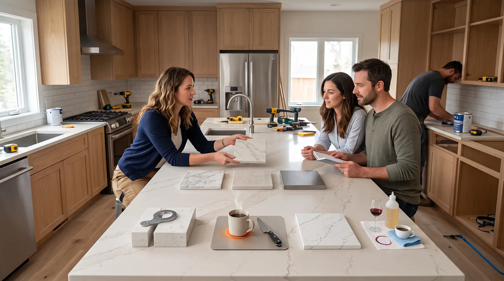 Contractor showing marble countertop samples to a couple at a kitchen island during a home renovation.