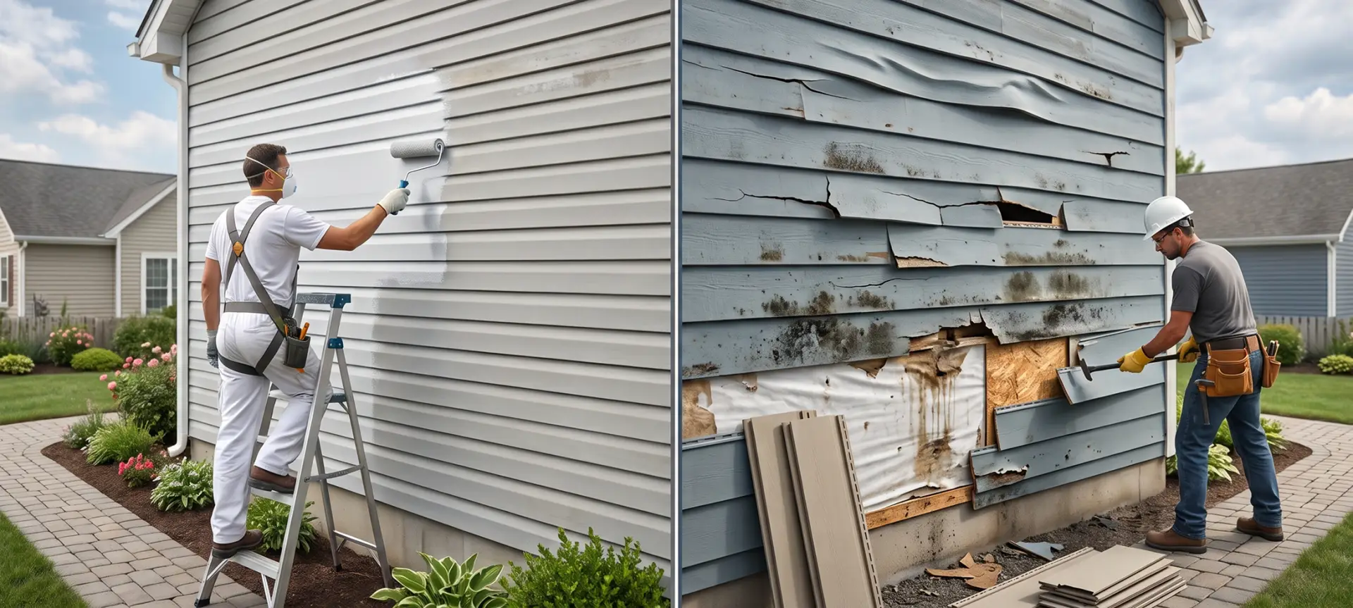 Split image comparing a painter refreshing clean siding on the left with a contractor removing damaged, warped siding on the right.